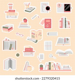 Books and stationery isolated elements set. Collection of papers, letter, calendar, lamp, typewriter, pen and other. Writers desktop items composition. Vector illustration in flat cartoon design.