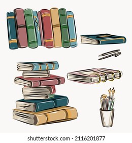 Books and stationery items. Reading, library, notepad and writing materials, planning. Isolated vector objects.