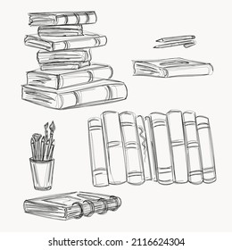Books and stationery items. Reading, library, notepad and writing materials, planning. Contour. Black and white drawing. Isolated vector objects.