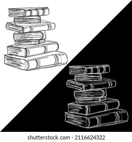 Books and stationery items. Reading, library, notepad and writing materials, planning. Contour. Black and white drawing. Isolated vector objects.
