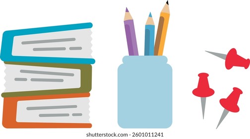 books, stationery, pencils, jar, push pins,
