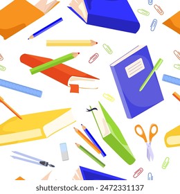 Books and stationery seamless pattern. Student's school items. Vector colorful illustration