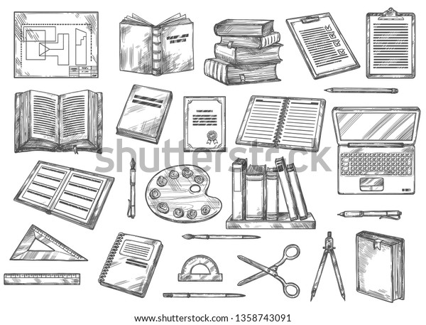 Books and stationery sketches, education and\
knowledge. Vector scheme, draft and book, check list and textbooks,\
palette and pencil, shelf and laptop, brush and rulers, scissors\
divider, protractor