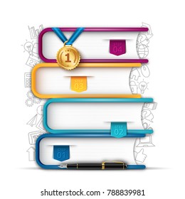 Books step education infographic with bookmarks. Template for presentation with 4 options, parts, steps or processes.