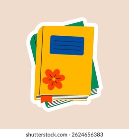 Books Sticker Vector Illustration in Cute Kawaii Style with Bright Colors, Floral Cover Design and Bookmark. Back to School, Education, Reading, Learning, Stationery Concept isolated on Background
