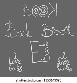 Books stickers set. Hand drawn flat color illustration. Chalk on the blackboard. I love book. E Book. Ideas for logo. Hand-drawn design elements. Stickers Set - Books