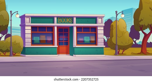 Books store building on city street. Summer urban landscape with bookstore facade, road with sidewalk and lanterns, green trees and houses on background, vector illustration in contemporary style