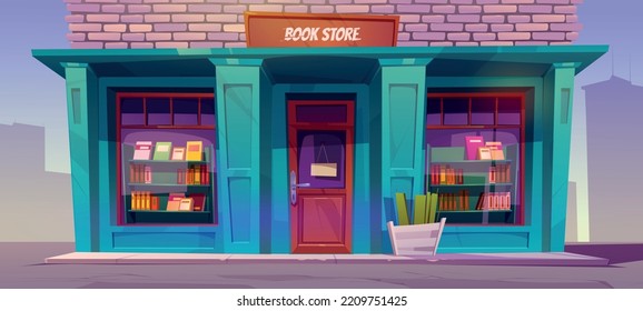 Books store in house on city street. Urban landscape with building facade with shop exterior, books on showcase, brick wall and sidewalk, vector cartoon illustration