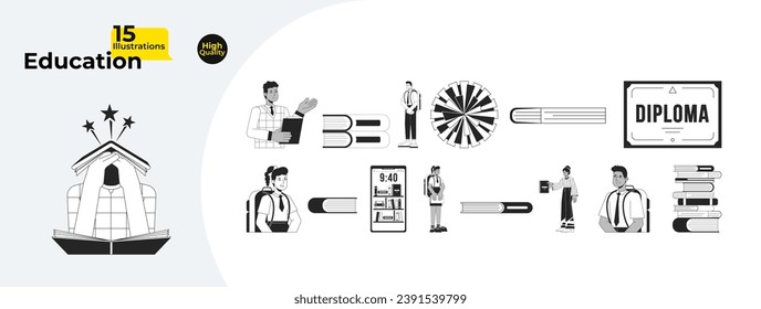 Books students diverse black and white cartoon flat illustration bundle. Online library, teachers, diploma, pompom 2D lineart characters, objects isolated. Monochrome vector outline image collection