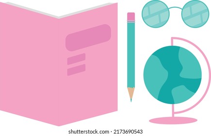 Books and studying set. Textbooks for reading, globe, pencil, glasses. flat design elements on white background. colorful vector illustration.