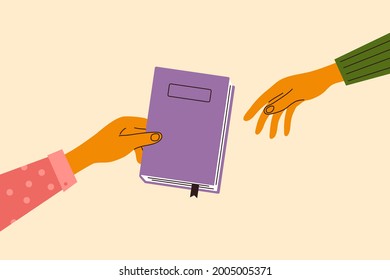 Books swap, exchange or crossing. Reading party, school literature event. Man or woman hand gives book to friend. Read books lovers. College education. Bookworm, bookstore, library vector illustration