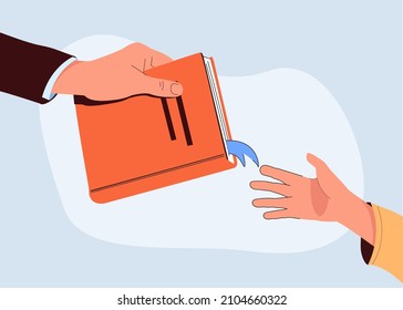 Books swap, exchange or crossing. Reading party, school literature event. Man or woman hand gives book to friend. Read books lovers. College education. Bookworm, bookstore, library vector illustration