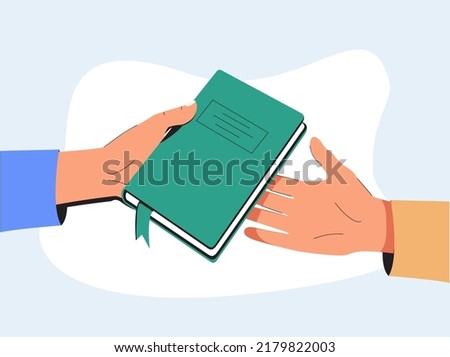 Books swap, exchange or crossing. Reading party, school literature event. Man or woman hand gives book to friend. Read books lovers. College education. Bookworm, bookstore, library vector illustration