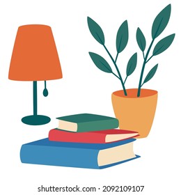 Books, table lamp and houseplant composition. Love books. Cozy scene with a pile of textbooks. Leisure, hobby or exam preparation. Entertainment or educational textbooks. Vector illustration.
