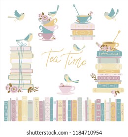Books and Tea with birds. Vintage Collection. Cute Vector Childish hand-drawn illustration in simple cartoon style in pastel colors.