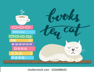 Books, tea, cat. Books stack with cup of tea and white sleeping cat. Different color books pile. Cute vector illustration.