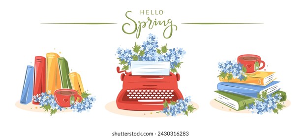 Books, сup of tea with spring flowers. Hello spring. Set of reading elements for  bookshop, library, bookstore or education. Vector illustration on white background