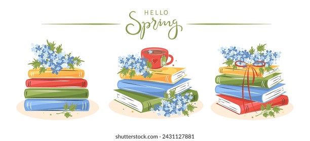 Books, сup of tea with spring flowers. Hello spring. Set of reading elements for bookshop, library, bookstore or education. Vector illustration on white background