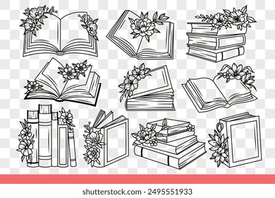 Books and textbooks from library are decorated with flowers located on pages of literature. Books for gaining knowledge and educational reading in preparation for exams. Hand drawn doodle