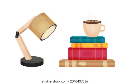 Books and textbooks, modern lamp and cup of coffee cartoon vector illustration