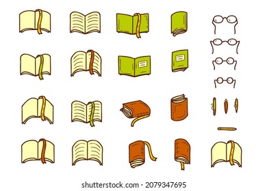 Books and textbooks school doodle icons collection. Learning and education symbol set. Hand drawn vector illustration for decor and design.

