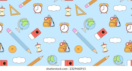 Books or textbooks with school supplies, backpack, pencil and rubber seamless pattern. Concept for back to school, online learning classes and teacher for textile, cover texture, backgrounds.