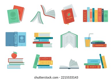 Books and textbooks set. Open, folded and stacked colorful books isolated on white background. Literature and university education concept. Cartoon flat vector illustration