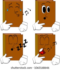 Books thinking or pointing to his left side. Cartoon book collection with various faces. Expressions vector set.