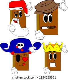 Books threatening someone, shakes his fist at viewer. Cartoon book collection with costume faces. Expressions vector set.