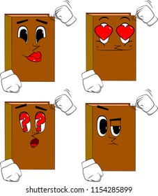 Books threatening someone, shakes his fist at viewer. Cartoon book collection with various faces. Expressions vector set.