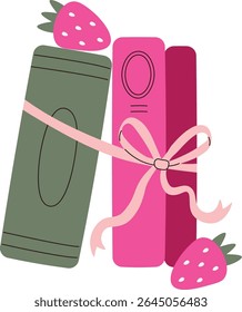 Books are tied together with a ribbon, adorned with strawberries in a playful style. A ribbon wraps around the books, decorated with strawberries for a charming effect. Cartoon vector illustration.
