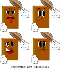 Books tipping his hat. Cartoon book collection with sad, bored and angry faces. Expressions vector set.
