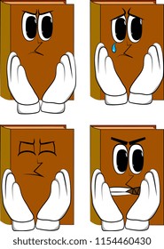 Books touching his face. Cartoon book collection with angry and sad faces. Expressions vector set.