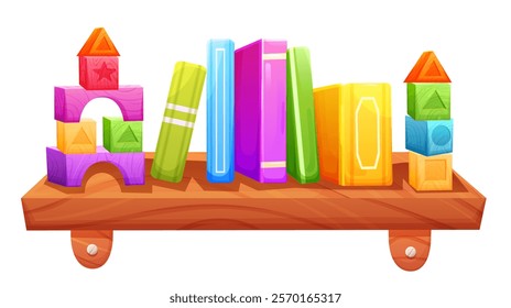 Books and toys for children on wooden shelf. Vector illustration
