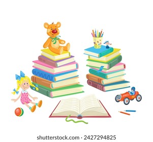 Books, toys and colored pencils. In cartoon style. Isolated on white background. Vector flat illustration