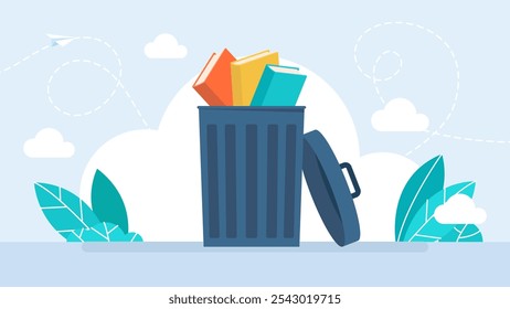 Books in the trash can. Cartoon illustration of a hardcover books sticking out of a garbage can full of rotting trash. The concept of illiteracy, education. Vector illustration