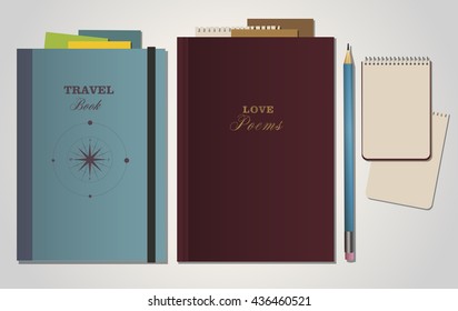 Books, travel and poetry. Notebook and pencil