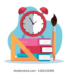 books with triangle ruler and clock alarm with brushpaint
