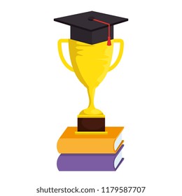 books with trophy cup and graduation hat