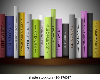 Books of various literary genres on shelf. Eps 10