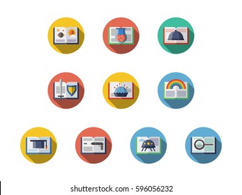 Books with various literary genres for stores. Set of flat round vector icons