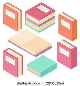 Books various views isometric 3D vector illustration