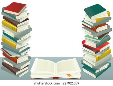 Books. Vector of book stack and open book on the gray table and white background