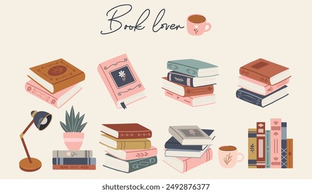 Books vector clipart. Stacks of books for reading. Reading vector collection. Bundle of decorative design elements.