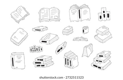Colección del Vector de los libros, dibujado a mano Bosquejo de los libros, doodle del bosquejo de la pila de los libros, icono del sistema de los libros en estilo del doodle