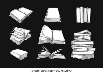 Books vector collection. Pile of books. Hand drawn illustration in sketch style. Library, Books shop