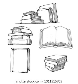 Books vector collection. Pile of books. Hand drawn illustration in sketch style. Library, Book shop