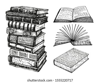 Books vector collection. Pile of books. Hand drawn illustration in sketch style. Books shop, library, archive.
