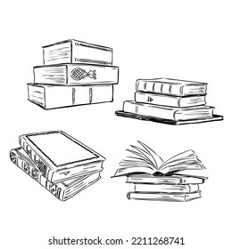 Colección vectorial de libros. Pila de libros. Ilustración dibujada a mano en estilo de esbozo. Biblioteca, librería