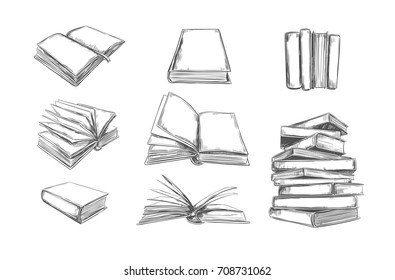 Books vector collection. Pile of books. Hand drawn illustration in sketch style. Library, Books shop